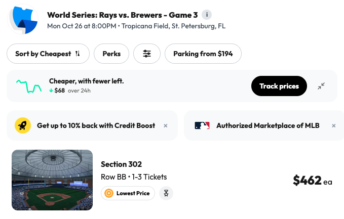 Kyle_Zorn's tweet photo. PRICE DROP: Tickets for Game 3 of the World Series are below $500 for the first time.

The current get-in price is $462 on @TickPick 

There are still 2.1K tickets available (on TickPick) - we could see prices below $400 in the next 2 hours.
