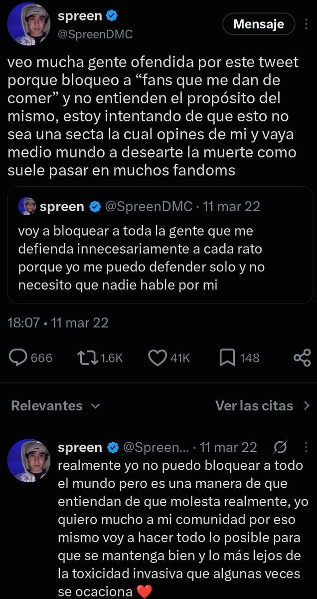 La_mayjo's tweet photo. Spreen siempre busco controlar y mantener una comunidad sana, en lo posible, bloqueo, limpio y cuestiono a esos seguidores q tiraban hate y en stream tambien, gracias a eso la comunidad mejoro, que quieran inculcar q el NUNCA puso control es una absoluta mentira. https://t.co/KNWhVrGqqU