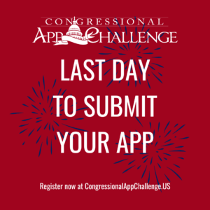 A red promotional graphic for an app challenge, featuring large white lettering and blue firework-like decorations. A small line of text appears along the bottom.