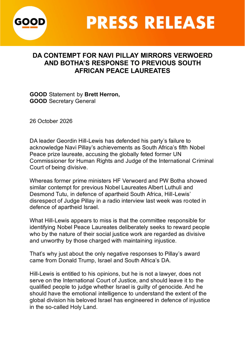 ForGoodZA's tweet photo. The DA’s contempt for Pillay is not rooted in any principles or values. If it was, the DA should explain the values underpinning its vehement opposition to land expropriation without compensation at home, but not in Palestine’s West Bank. The DA’s contempt is rooted in the party’s unquestioning support of Israel, which includes contempt for justice in Palestine.
Navi Pillay has contributed more to South Africa and the world than Hill-Lewis ever will. He should show some respect.

#GOODParty