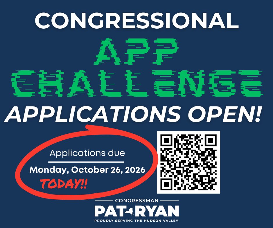 A blue promotional graphic announcing a congressional app challenge and that applications are open. It highlights a deadline with a red oval and includes a QR code and a congressional representative’s branding. Text is present throughout.