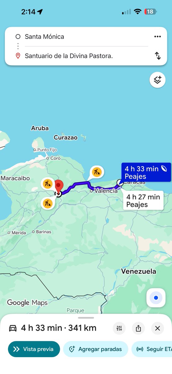 oavendano's tweet photo. Para quien no es venezolano:

Este es el trayecto que ayer hizo en caravana María Corina Machado.

Un viaje de 4 horas, terminó siendo de 11 horas.

A lo largo de la autopista de 341 kilómetros se amontonaron miles de personas. 

María Corina cruzó seis estados.

Es el regreso a casa.

La nueva campaña admirable.
