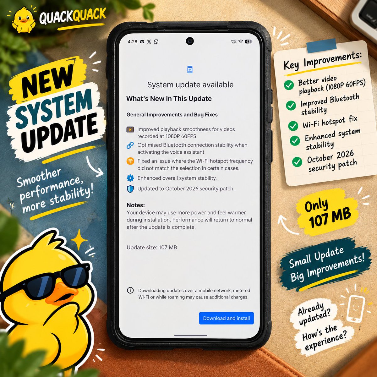 Quack_quack4's tweet photo. 🚨Small update, useful fixes📱⚡
Just 107 MB with smoother 1080p 60FPS video playback, improved Bluetooth stability, a Wi-Fi hotspot fix & October security patch.👀🔥
🐥Quackquack asks: Would you install it immediately or wait for feedback?👇💛
#Android #SystemUpdate #TechNews https://t.co/3S9s5rkfkm