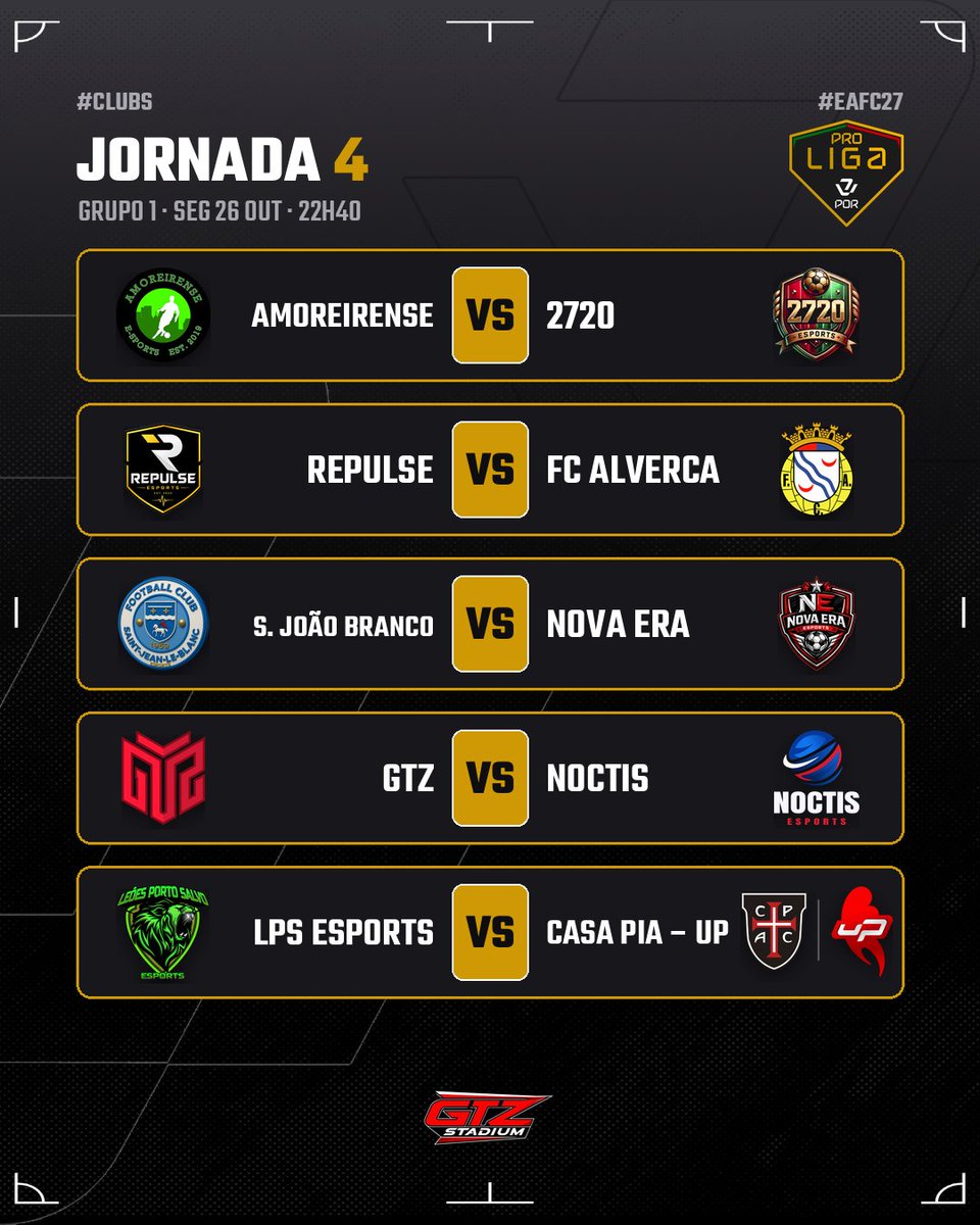 VPLPortugal's tweet photo. ⚽ JORNADA 4 — HOJE, ÀS 22H40

📺 Transmissões esta semana na quinta-feira: jornadas 6 e 7, às 22h15 e às 22h40, na https://t.co/SShDmwMKXz

#VPLPortugal #ProLiga #ProClubs #EAFC27 https://t.co/ydtTSQaJj5
