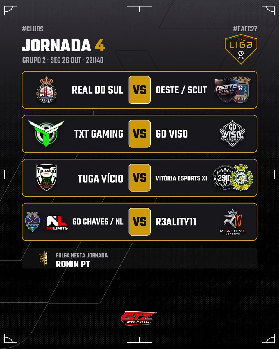 VPLPortugal's tweet photo. ⚽ JORNADA 4 — HOJE, ÀS 22H40

📺 Transmissões esta semana na quinta-feira: jornadas 6 e 7, às 22h15 e às 22h40, na https://t.co/SShDmwMKXz

#VPLPortugal #ProLiga #ProClubs #EAFC27 https://t.co/ydtTSQaJj5