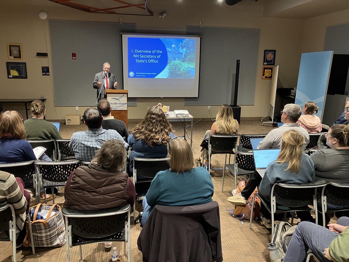 NHSecretary's tweet photo. We had a great time at the NH Council for the Social Studies Fall Conference, starting the morning with a presentation on how teachers can use primary sources from the State Archives, followed by a conversation w/ SOS Scanlan on how to encourage civic engagement among students. https://t.co/CKKTikrluQ