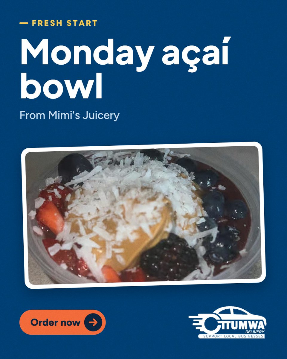 OttumwaDelivery's tweet photo. Monday reset 📷 A fresh açaí bowl from Mimi's Juicery, packed with fruit and ready when you are. Order it on Ottumwa Delivery
https://t.co/KuuwnKxuA0
#OttumwaDelivery #SupportLocal #AcaiBowl #MimisJuicery #MondayMotivation #OttumwaIowa https://t.co/wdHlmjg8j7