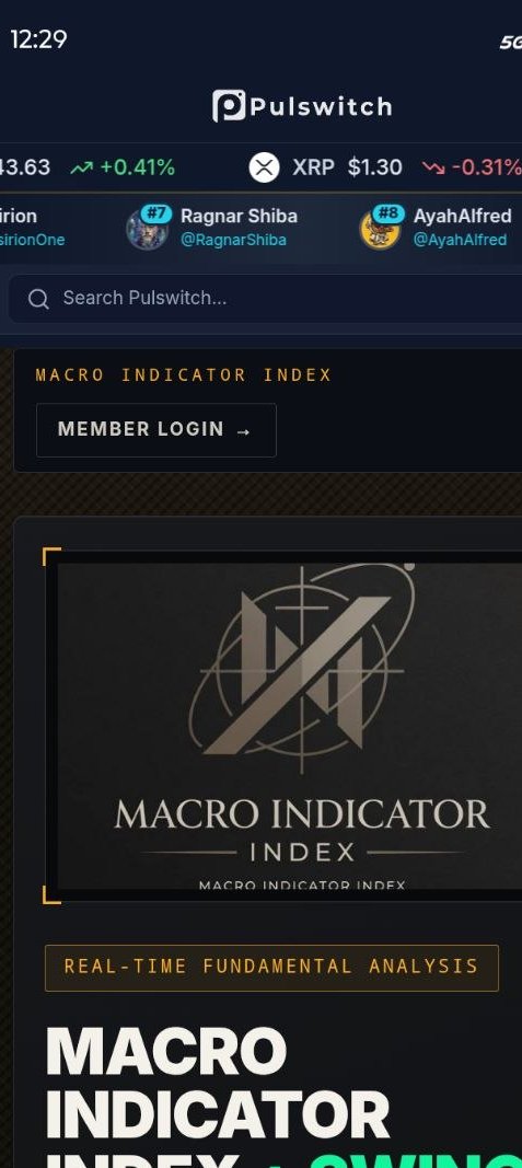 PulswitchApp's tweet photo. ✅ How To Access Macro Indicator Index (MII), Your 24/7 Crypto & Stock Market Intelligence For Traders Who Want An Edge:

You receive a complimentary key with your https://t.co/Pos4rEwceg membership ($99 Value). 🗝️ 

Log into your Pulswitch account, select the menu section on the lower left hand side. Go to Products, then Macro Indicator Index.

Enter in the email account associated with Pulswitch at the top top left, where it says member login. This is your key to to join. 

Or go directly to (MII) website, enter the email linked with your Pulswitch account. 👇

https://t.co/zZbyAXtnTZ

As a Pulswitch member you are granted FULL ACCESS with the same benefits as paid members! 

🔹Comprehensive market intelligence
🔹Buy, Sell & Hold signals
🔹Macro trends, Fed policy & global liquidity
🔹On-chain activity & whale movements
🔹ETF flows & stablecoin liquidity
🔹Market sentiment & fundamental scoring
🔹Crypto + stock market intelligence
🔹Automated swing trading strategies (long positions)
🔹Leveraged short positions
🔹Flexible leverage options: 2x, 5x, and 10x
🔹Advanced trading tools

This is the power of Pulswitch! 

Join our ecosystem & platform for access to innovative tools, crypto social, and ways to earn.
