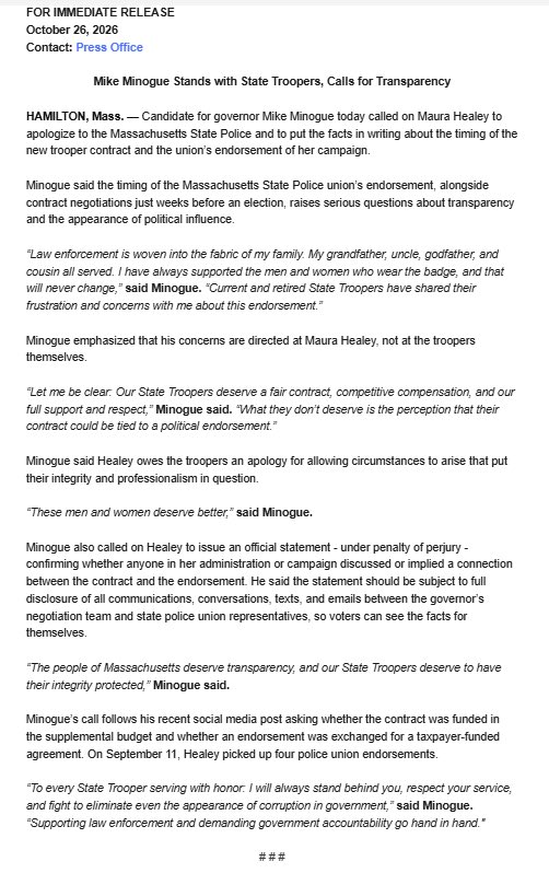 mikeminoguema's tweet photo. Let me be clear: Our State Troopers deserve a fair contract, competitive compensation, and our full support and respect. What they don’t deserve is the perception that their contract could be tied to a political endorsement. 

To every State Trooper serving with honor: I will always stand behind you, respect your service, and fight to eliminate even the appearance of corruption in government. Supporting law enforcement and demanding government accountability go hand in hand.
