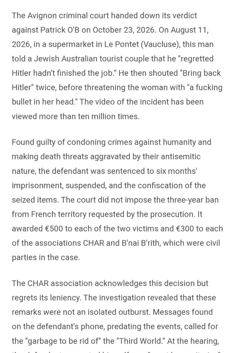 _andrearnaud's tweet photo. Found guilty of condoning crimes against humanity and making death threats aggravated by their antisemitic nature, the defendant was sentenced to six months' imprisonment (suspended)

https://t.co/TVwy0yfrb4 https://t.co/LOgtdaU1rw