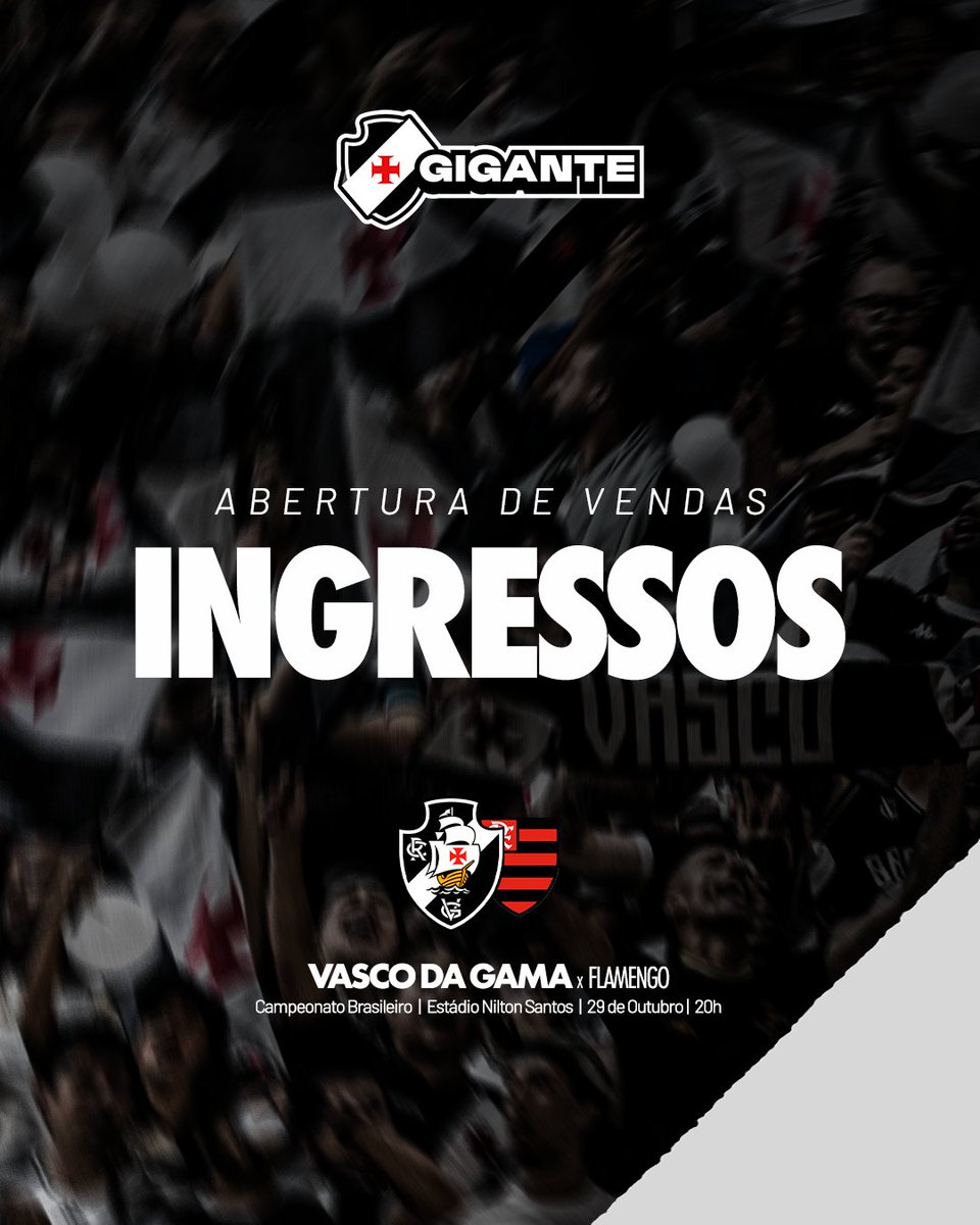 sociogigante's tweet photo. ATENÇÃO ÀS ATUALIZAÇÕES PARA VASCO x Flamengo! 💢

As vendas serão reabertas HOJE (26/10), às 20h, para a torcida do Vasco.

🎟️ Torcida do Vasco: 26/10, às 20h  
🎟️ Torcida visitante: 27/10, às 10h

Quem já havia comprado ingresso para setores que tiveram redução de valor receberá o estorno parcial correspondente à diferença paga.

Além disso, os torcedores que adquiriram ingresso para o Setor Leste serão realocados para o Setor Oeste.

O resgate de ingressos para Sócios Gigante segue mantido para amanhã (27/10), às 10h.

➤ Sócio Gigante: https://t.co/XI86JOMm1d ou Vasco APP  
➤ Sócio Estatutário: https://t.co/0kmx6Ws1WF  
➤ Público geral e gratuidade: https://t.co/1Y7XkH5ZSf

#SejaUmGigante  
#VascoDaGama