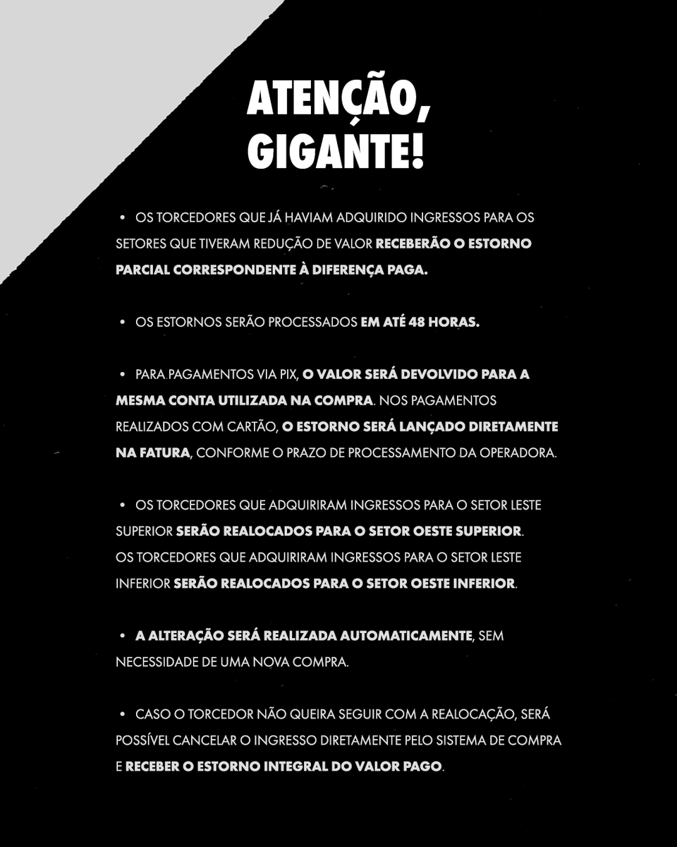 sociogigante's tweet photo. ATENÇÃO ÀS ATUALIZAÇÕES PARA VASCO x Flamengo! 💢

As vendas serão reabertas HOJE (26/10), às 20h, para a torcida do Vasco.

🎟️ Torcida do Vasco: 26/10, às 20h  
🎟️ Torcida visitante: 27/10, às 10h

Quem já havia comprado ingresso para setores que tiveram redução de valor receberá o estorno parcial correspondente à diferença paga.

Além disso, os torcedores que adquiriram ingresso para o Setor Leste serão realocados para o Setor Oeste.

O resgate de ingressos para Sócios Gigante segue mantido para amanhã (27/10), às 10h.

➤ Sócio Gigante: https://t.co/XI86JOMm1d ou Vasco APP  
➤ Sócio Estatutário: https://t.co/0kmx6Ws1WF  
➤ Público geral e gratuidade: https://t.co/1Y7XkH5ZSf

#SejaUmGigante  
#VascoDaGama
