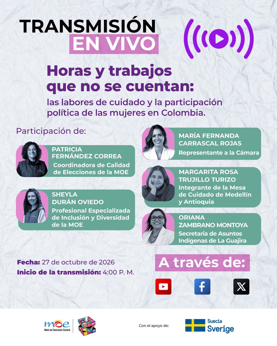 moecolombia's tweet photo. 💜¿De qué manera la asignación desigual de los trabajos domésticos y de cuidado impacta la representación de las mujeres en Colombia?

Te invitamos a seguir el lanzamiento del informe «Horas y trabajos que no se cuentan», un espacio para examinar datos y escuchar los relatos de mujeres en política.

Nos acompañan:
👉María Fernanda Carrascal Rojas (@MafeCarrascal), Representante a la Cámara.
👉Margarita Rosa Trujillo Turizo, integrante de la Mesa de Cuidado de Medellín y Antioquia.
👉Oriana Zambrano Montoya (@OriZaMont), secretaria de Asuntos Indígenas de La Guajira.

@Registraduria