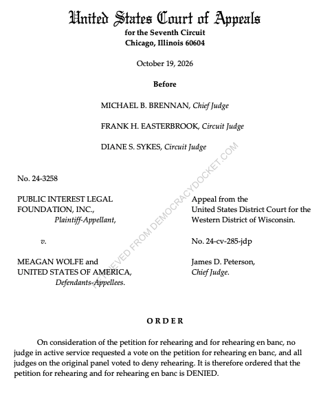DemocracyDocket's tweet photo. WIN: Last week, the 7th Circuit denied a right-wing request for a full rehearing of its request for access to Wisconsin’s complete voter registration list, which includes private data.

The move comes after a three-judge panel for the circuit and a lower court already ruled against the group.