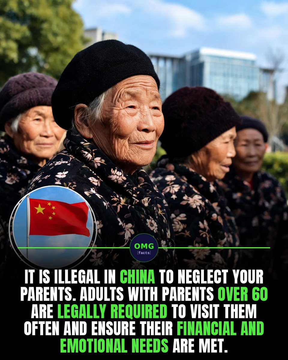 OMGFacts's tweet photo. 👵 China made it illegal to neglect your parents.

Law requires adult children support aging parents.

Courts can enforce the law.

Sources: NYT, Guardian

#omgfacts #China #ElderlyRights https://t.co/o1qCqZOEas