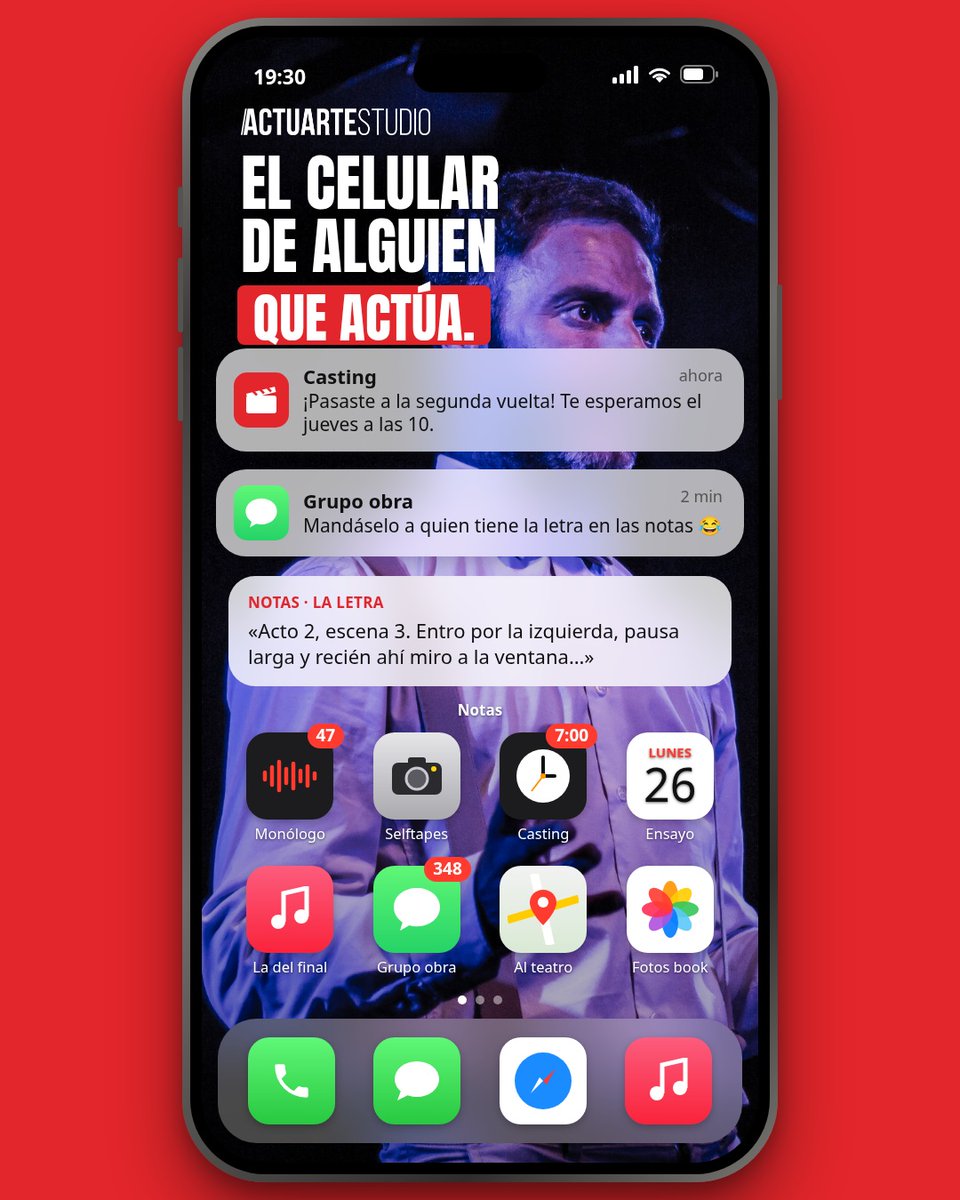 ActuarteStudio's tweet photo. El celular de alguien que actúa:

la letra en las notas
el monólogo grabado 47 veces
la alarma del casting a las 7
el grupo de la obra con 348 mensajes

¿Qué app te falta en la lista? https://t.co/zlv0F3NMXg