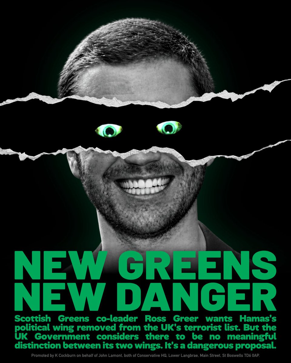 John2Win's tweet photo. The Scottish Greens aren't tree-huggers anymore.

Their co-leader Ross Greer now wants Hamas's political wing taken off the terror list.

Hamas was banned in full for a reason: there's no real line between its "political" and military wings.

A dangerous idea. I'll fight it every step of the way.