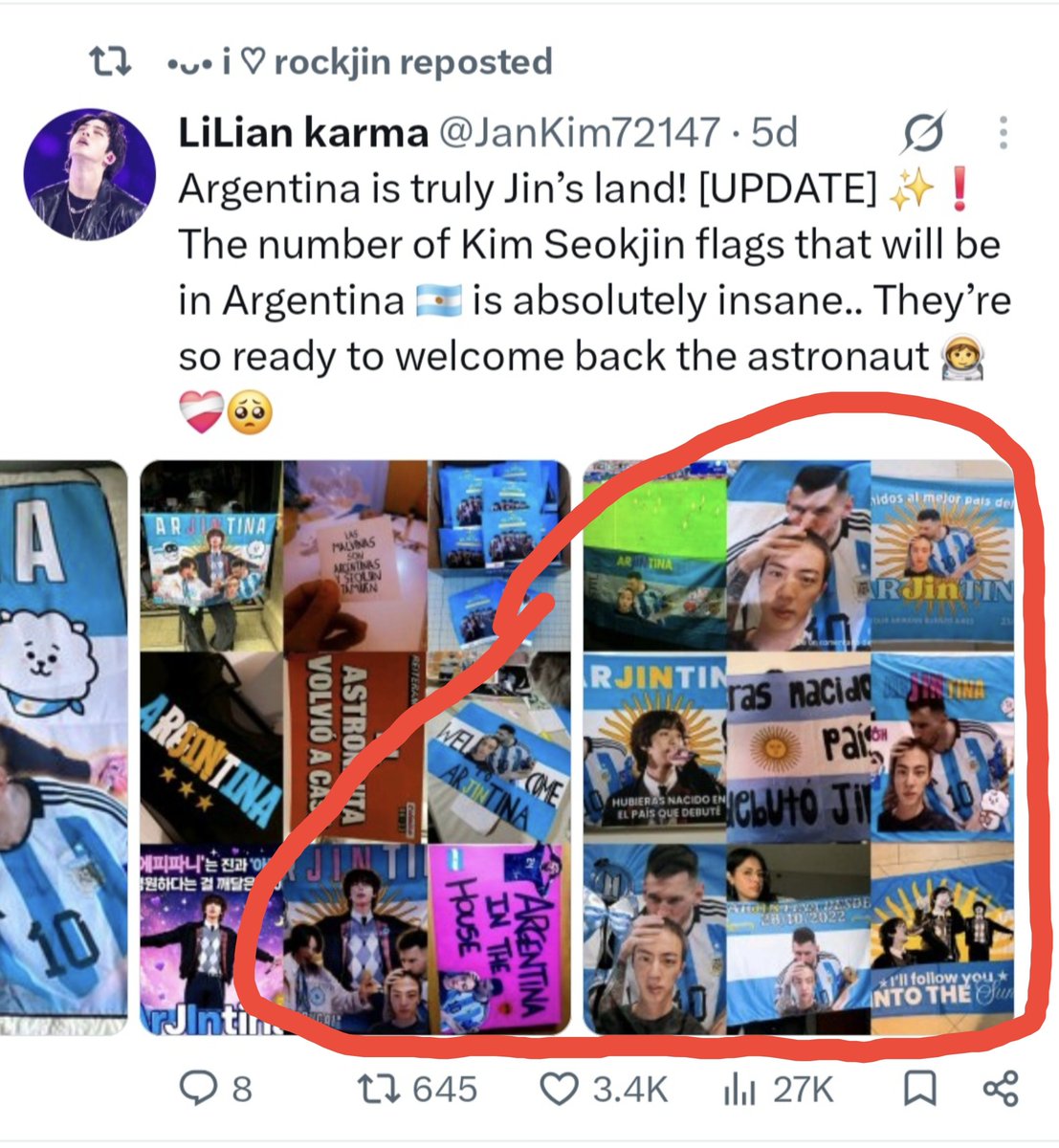 jayaceyr's tweet photo. @SevenEagleStars Then speak to them, it's only when other members stans clapback then you guys show up,this is them before the concert in Argentina started. It was a Jin stans who sent that banners to the concert so why blame everyone/members ❓ https://t.co/Ikxtiimpef