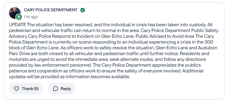 stephenehorn's tweet photo. UPDATE: The Cary Police appear to have taken @JDM4NC into custody https://t.co/arsmp933Um