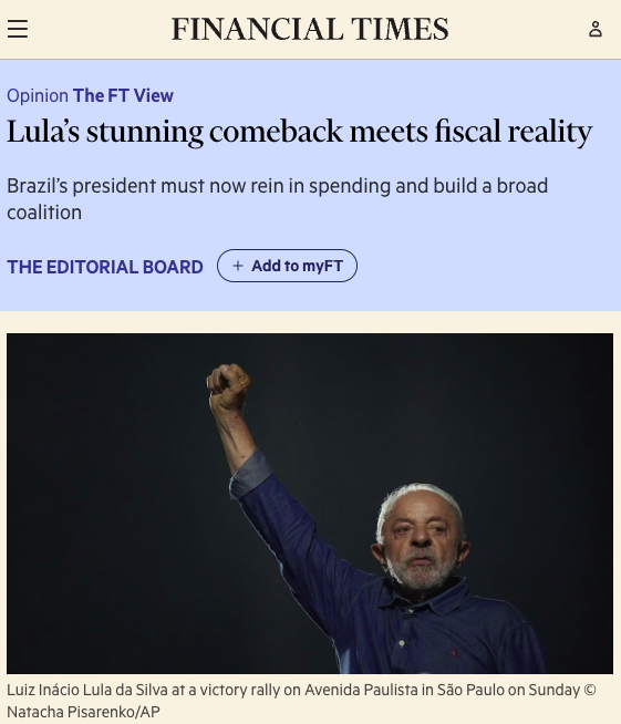 foscaecon's tweet photo. The entire Financial Times editorial board has published a piece urging Lula to cut government spending and appoint a finance minister who enjoys the confidence of investors.

I get the impression that the FT editorial board has never opened an economics book other than some outdated introductory macroeconomics textbook, perhaps something by Mankiw. Otherwise, it's hard to explain such astonishing arrogance and economic ignorance.

Lula and the Brazilian people have absolutely no reason to bow to the demands of financial markets. Brazil is Latin America's largest economy, a major regional power, and a country with a high degree of monetary sovereignty. Around 97% of the central government's debt is denominated in its own currency, the Brazilian real.

The relationship between the state and financial markets is therefore nothing like the FT portrays it. Brazil is not dependent on financial markets. On the contrary, financial markets depend on government spending, which creates financial assets for the private sector, while government debt denominated in the national currency is one of the instruments through which those assets are held.

What Brazil needs is not capitulation to financial markets, but an independent economic policy focused on expanding production, creating jobs, and improving people's living standards.

Armed with the insights of heterodox economic theory, Brazil has the potential to show the world what a genuine economic miracle looks like. https://t.co/BDwuTIgrei