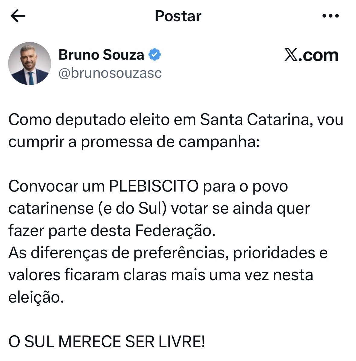 choquei's tweet photo. 🚨URGENTE: Deputado do PL propõe plebiscito sobre separação do Sul do Brasil: “O Sul merece ser livre”. https://t.co/8KRkm1BT5u