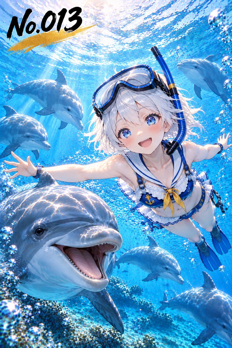 dora_tengu's tweet photo. みなさまおはようございます☀
本日の水兵ちゃんの死ぬまでにやりたい事リストは｢野生のイルカと泳ぐ｣です🐬
水族館などでは見る機会はありますが野生のイルカと泳いでみるなんて夢のようですね😊

#AIイラスト #水兵ちゃん https://t.co/Vrmqs9TTGY