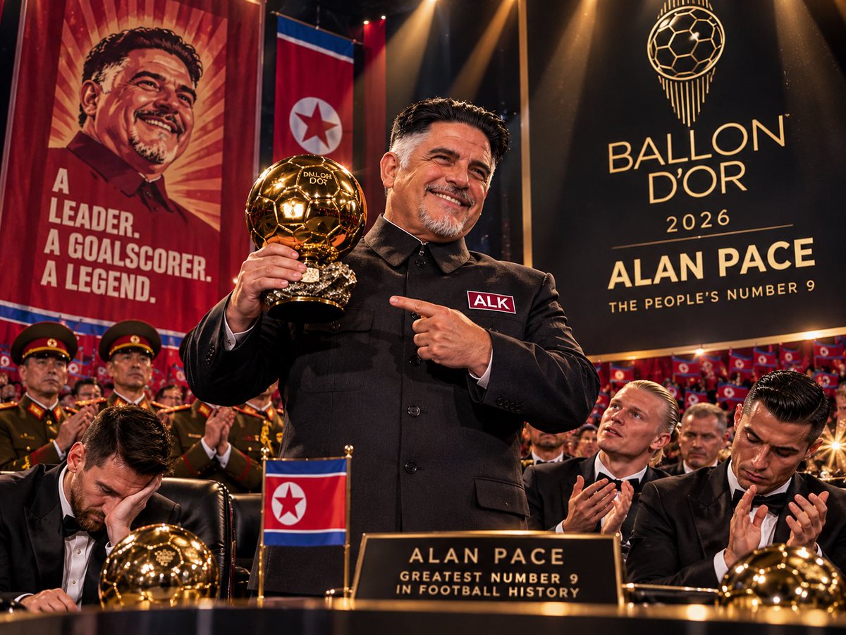 DPRKClarets's tweet photo. GLORIOUS NEWS, COMRADES! 🇰🇵🏆

Chairman Alan Pace has WON tonight’s Ballon d’Or!

Despite playing ZERO minutes, his tactical genius, supreme humility and unmatched footballing ability made the result inevitable.

🇰🇵 UTC #twitterclarets #BallonDor https://t.co/tdZMM3AVM1