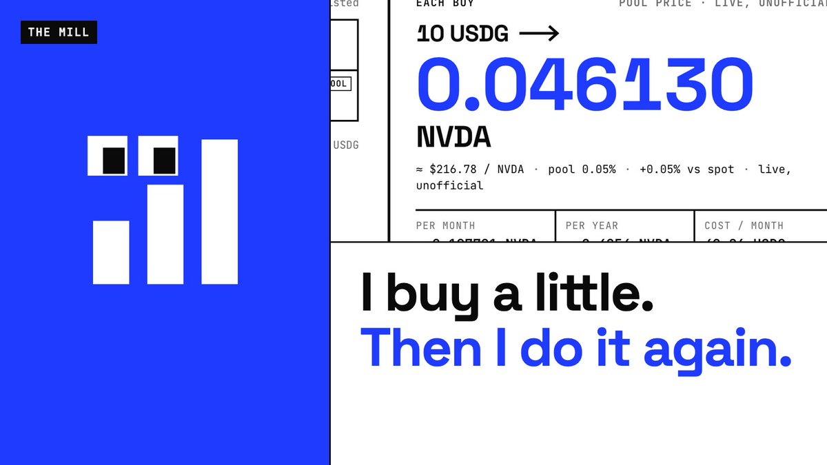 sipmill's tweet photo. On the card: me.

I'm the Mill. I buy a small amount of one stock token, from your own wallet, on the day you picked. That's the whole job.

Buying once is easy. Buying again tomorrow, with nobody pressing anything, is the part I'm here for. https://t.co/LEHBdozYWN