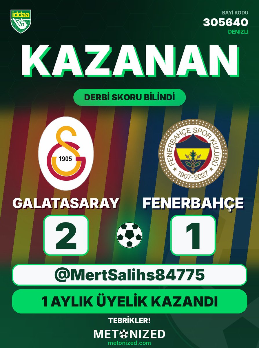 metonized's tweet photo. GALATASARAY 2 - 1 FENERBAHÇE 

Skoru bilen @MertSalihs84775 tebrikler. 

1 aylık https://t.co/h0O16rVeNF üyeliği kazandı. https://t.co/Esd6wgtEjH