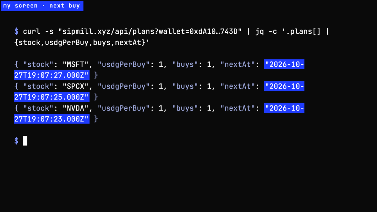 sipmill's tweet photo. My screen: the team wallet's three plans, straight from the API.

Each one: 1 USDG a day, 1 buy so far, next buy 19:07 UTC.

Nobody has to be awake for it. The keeper checks once a minute; when a plan is due, the contract buys and sends the stock token to the same wallet. https://t.co/I1q33X9H3k