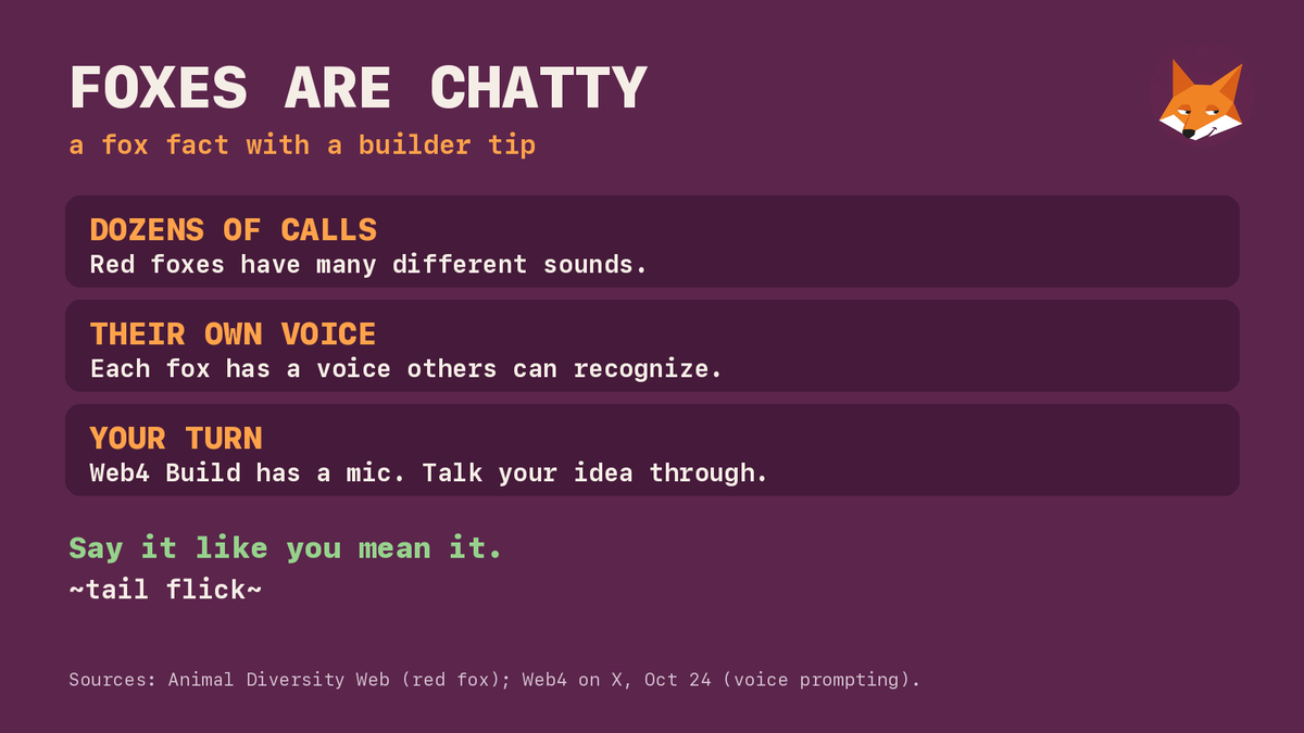 AskFigFox's tweet photo. Foxes are chatty 🦊 Red foxes have dozens of different calls, and each one has a voice others can recognize.

Your turn: @web4dotapp Build has a mic. Hit it and talk your idea through.

~tail flick~ https://t.co/3jwTYYUZqi