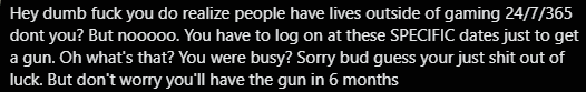 andrew_5459's tweet photo. @Vog_Sojoth I can understand people being upset about a 1-2 week reward window, but with someone reacting like this you'd think the reward window was a random Tuesday from 10am-1pm. https://t.co/eJkMplsJU7