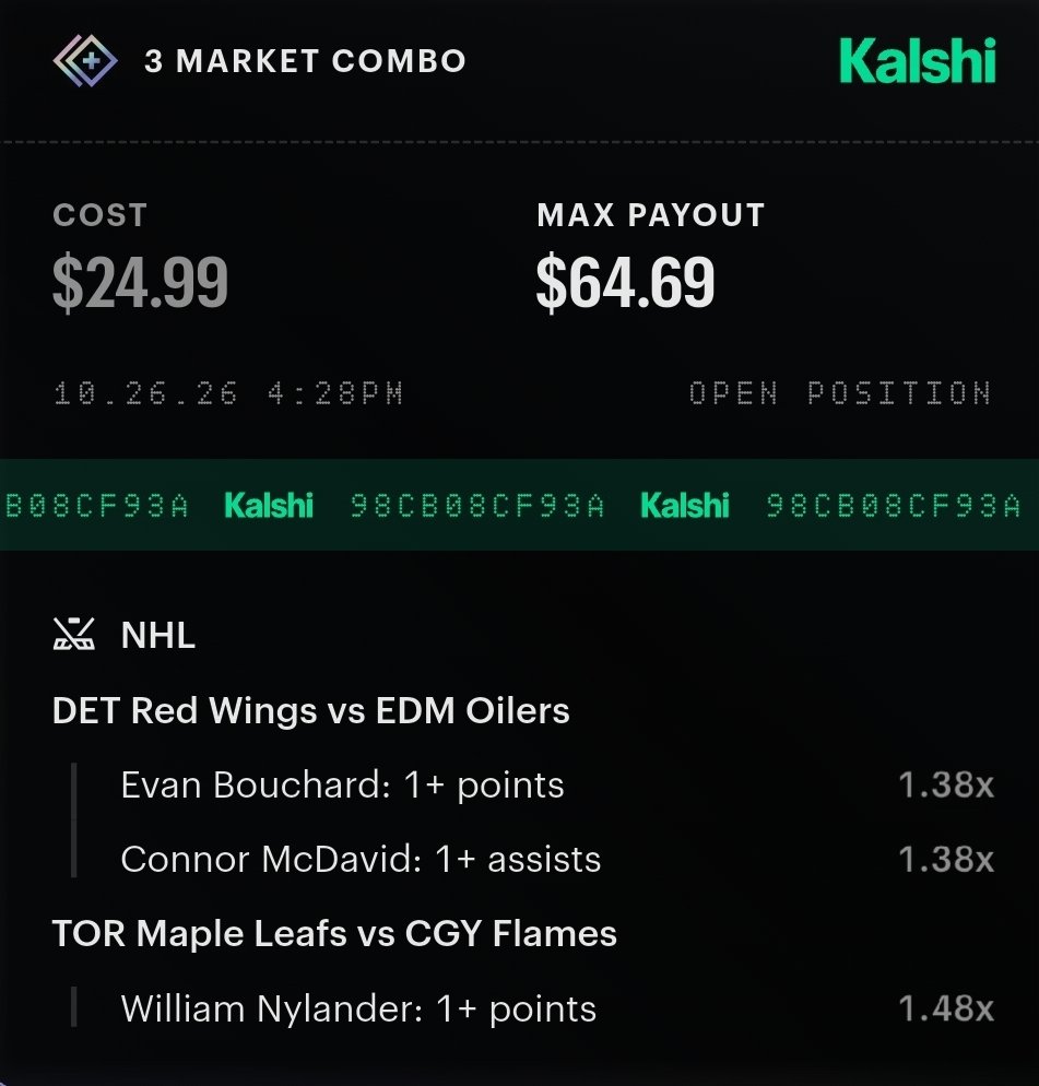 Props_Kitchen's tweet photo. NHL Builder 🏗 1u

McDavid 1+ AST 🐐
Bouchard 1+ PT
Wings' PK ranks 30th (65.8%). Targeting Oilers' top PP, where both can cash on the same goal.

Nylander 1+ PT
Hometown kid returning to Calgary. Points in 10/L10 vs Flames, totaling 24 points (2.4 PPG). Riding a 4-game point streak and is averaging 1.38 PPG this season

@KalshiSports +158 vs FanDuel +119

BET $25, GET $55 👇
https://t.co/u1cmmhDKsh