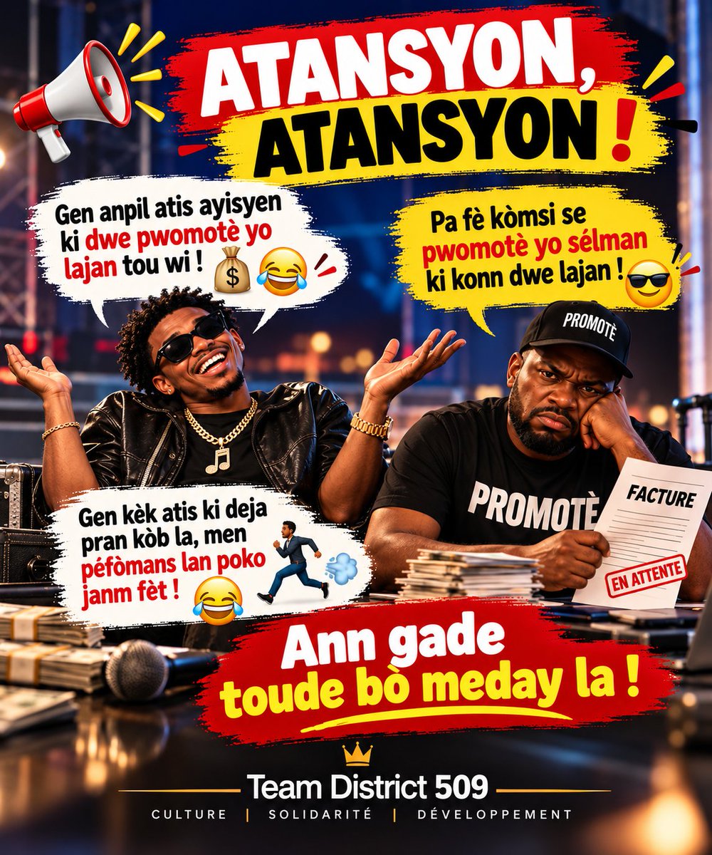 teamdistrict509's tweet photo. 🚨😂 ATANSYON HMI ! 🇭🇹🎤
Gen atis ki dwe pwomotè yo lajan tou wi ! 💸🤣
Kòb la pran, pèfòmans lan poko fèt ! 🏃🏽♂️💨
🍿 Ann gade toude fas meday la ! 👀♠️
#HMI #Konpa #AtisAyisyen #TeamDistrict509 #TiZen #TikTokHaiti https://t.co/pLNs297GCq