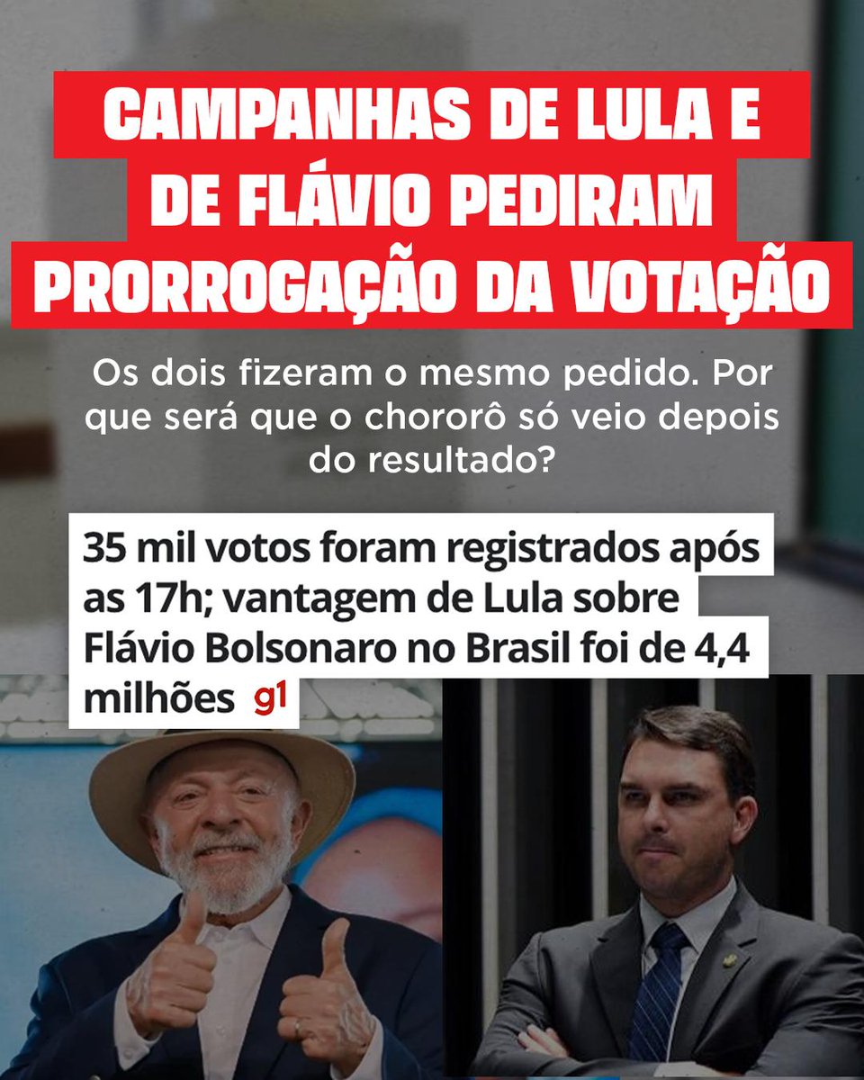 HoracioBridon's tweet photo. Respeitem a democracia 📢

Depois do resultado da eleição, Flávio Bolsonaro começou a criticar a prorrogação do prazo pra votar. 👀

O que ele não conta é que as DUAS campanhas pediram a prorrogação! 🤷🏽🤷

Não caia em mentiras. Espalhe a verdade pra quem precisa saber! 💥 https://t.co/aFIDufG8VV
