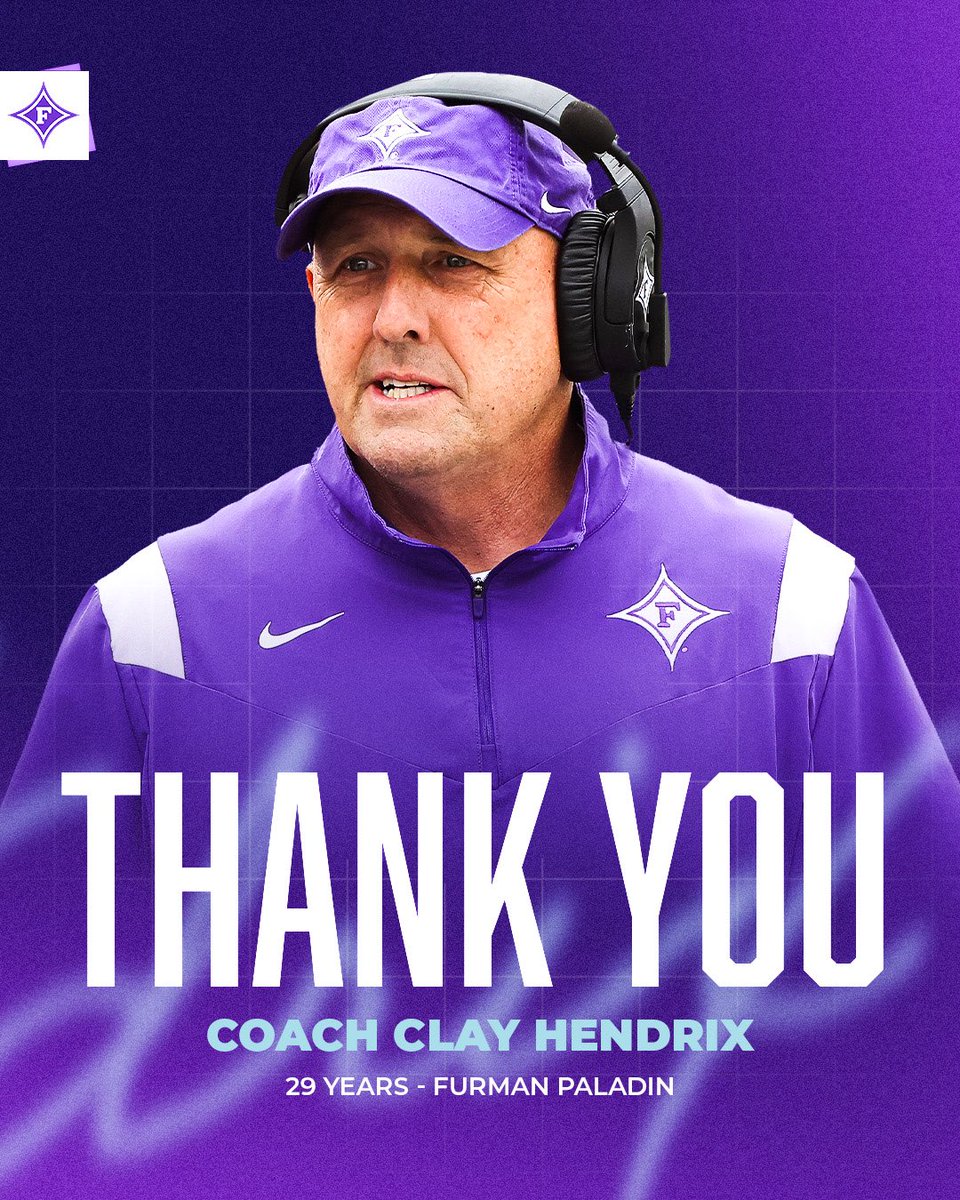 PaladinFootball's tweet photo. Furman head football coach Clay Hendrix will conclude his coaching career with the Paladins at the end of the 2026 season.

Thank you, Coach, for everything you have done for Furman University, Furman Athletics, and the football program.

Read more at the link:
https://t.co/cYQlJdT7r2
