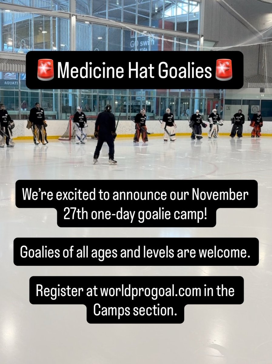 WorldProGoal's tweet photo. Can’t wait to see the Medicine Hat area goalies from our summer camps, and hopefully some new faces too! Book quickly to secure your spot. If you have any questions about the clinic, message us here or email camp coordinator Marcus at marcusbeesley1@gmail.com https://t.co/KyRJP0KmPo
