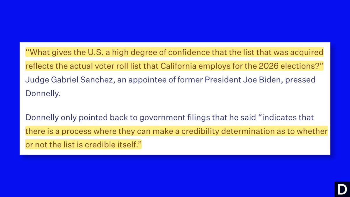 DemocracyDocket's tweet photo. In a rare Sunday hearing, the Trump administration made its case for why California must stop counting the ballots of more than 20,000 people they allege are “likely” noncitizens.

But the DOJ has struggled to explain to even a federal court the administration’s methodology for flagging the 20,000 individuals: https://t.co/kyEeBQdTbD