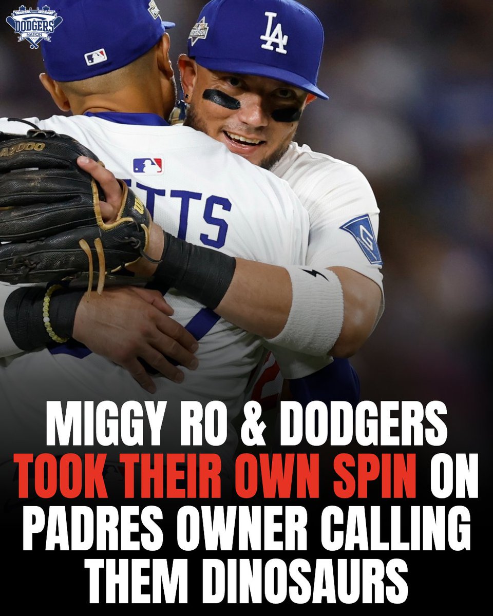 DodgersNation's tweet photo. Miguel Rojas says the Dodgers embraced the Padres owner calling them dinosaurs and he and 4 of his teammates started calling themselves "The Viejitos" 😂 https://t.co/PId5ZUphYf