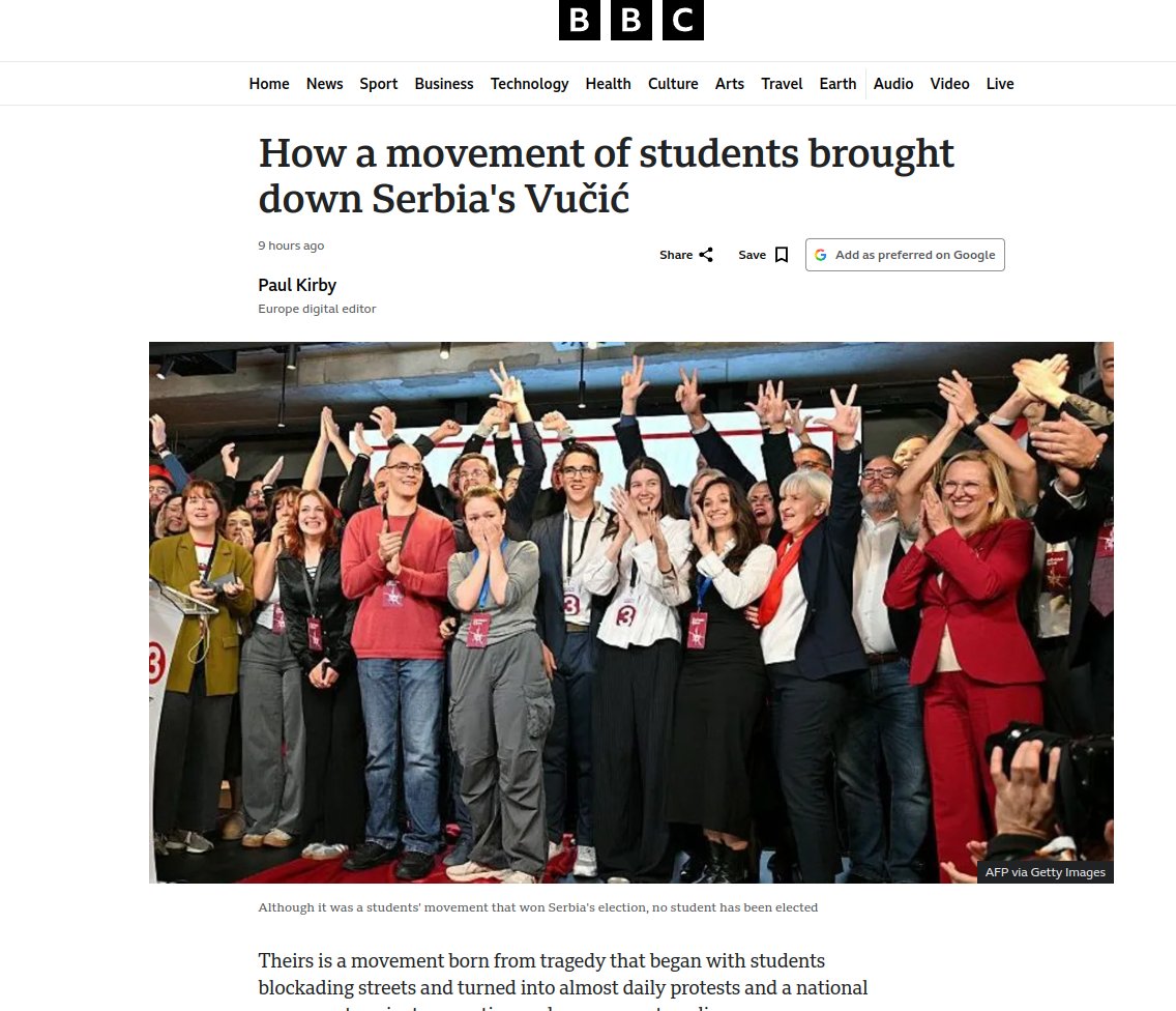 BrianJBerletic's tweet photo. "Brian! Who is behind the protests in Serbia?" 

Short answer: It looks like the US is. 

The long answer...

To actually, definitively answer this question, you need to look up the organizations involved directly in the protests, as well as the organizations supporting and promoting in legally, logistically, financially, and across information space politically. 

I'm surely not the only human being on Earth that can look these things up, but since many have asked, I have begun looking. 

This requires research that can take several hours of dedicated focus to answer. 

To start, look at US government-funded media like Radio Free Europe/Radio Liberty or British state media like BBC and see how they're spinning it. 

If they are enthusiastically promoting it - it is almost CERTAIN it is US-backed. 

If they are decrying it as "anti-democratic mobs" or "Russian/Chinese meddling" it is almost CERTAIN it is aimed at dismantling US-backed proxies/parties/programs. 

Regarding the current protests in Serbia - in just a few minutes I have found several organizations in the middle of supporting them funded by the US/EU governments including:

1. ACLED (Armed Conflict Location & Event Data Project) ( https://t.co/5Ua62w1of0 )
2. The Global Resilience Fund ( https://t.co/xxKC4eVz92 )
3. N1 and Nova S (United Media Group) ( here is a US/EU funded front promoting them https://t.co/vlzrm1QAb0 )
4. And of course the BBC and RFE/RL themselves as seen below... 

No, "legit" protests don't get hijacked - that's not how the US has ever operated - large protests require years of preparations and network building. If the US is involved it is because they are behind it. 

To everyone who will message me saying "No! the current government is horrible, this is legit protests!" 

No matter how bad you "think" your government is, the US-backed puppets they will replace it with will be 10000x worse - just ask Ukraine. 

If you are going to tell me the protests are legit - you need to show me the special interests that are behind the protests and show me a list longer and more convincing than the one I showed above. 

And no - protests are never "decentralized" - this is simply the US doing a better job covering its tracks. ALL protests - good or bad - have special interests (good or bad) behind them. Human beings do not spontaneously self-organize on this sort of scale.
