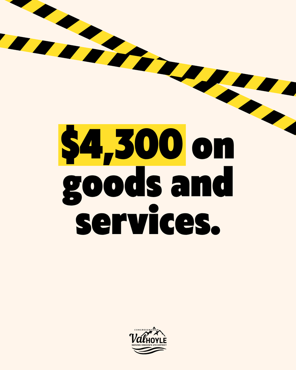 A political campaign-style graphic on a cream background, with yellow-and-black caution tape across the top and a large bold message about a dollar amount spent on goods and services. A small campaign logo appears at the bottom.