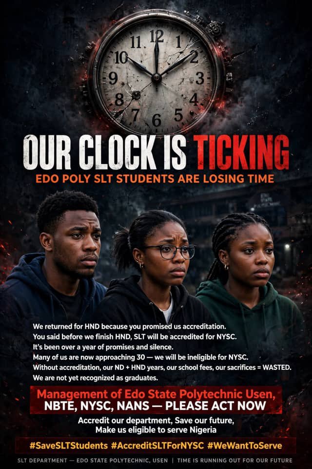 PlotTwistDaily_'s tweet photo. JUSTICE FOR SLT, ESPU STUDENTS!
Our education matters.
Our future matters. SLT deserves accreditation!
#AccreditSLTForNYSC
SaveSLTStudents
JusticeForSLTStudents
NANS #NBTE #NYSC
#EdoStatePolytechnicUsen #plottwistdaily https://t.co/vlSLqfTB5i