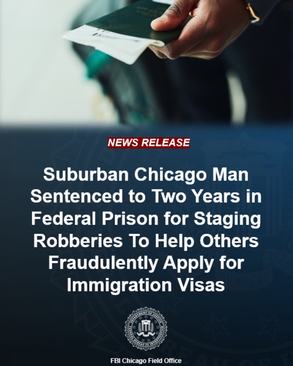 FBIChicago's tweet photo. 🚨#SENTENCING Parth Nayi, a suburban Chicago man, has been sentenced to two years in federal prison for conspiring to stage armed robberies so that the purported victims could apply for U.S. immigration visas reserved for crime victims. To read more about this investigation, please visit: https://t.co/EsFnwasRRc

The FBI would like to remind you to report any suspected incidents of fraud to the FBI by calling 1-800-CALL-FBI (225-5324) or online at https://t.co/YsyApSvbbb. Tips can remain anonymous.

https://t.co/mKF47jJ8qi