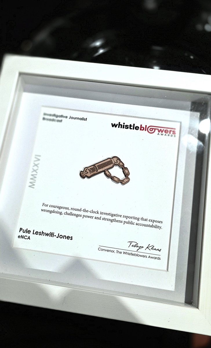 pule_jones's tweet photo. A night to remember! Award number 2 this season for team @eNCA.   

Grateful for this acknowledgment of our hard work and dedication.

This award is a testament to the support, late nights, and teamwork behind the scenes. 

The journey continues, South Africa matters, its people matter!

I would like to extend my congratulations to the fellow nominees incl - Peter Murimi from BBC Eye. 

God is great. 

Video Cred: @kovinimoodley
#WhistleblowerAwards2026 
#eNCA