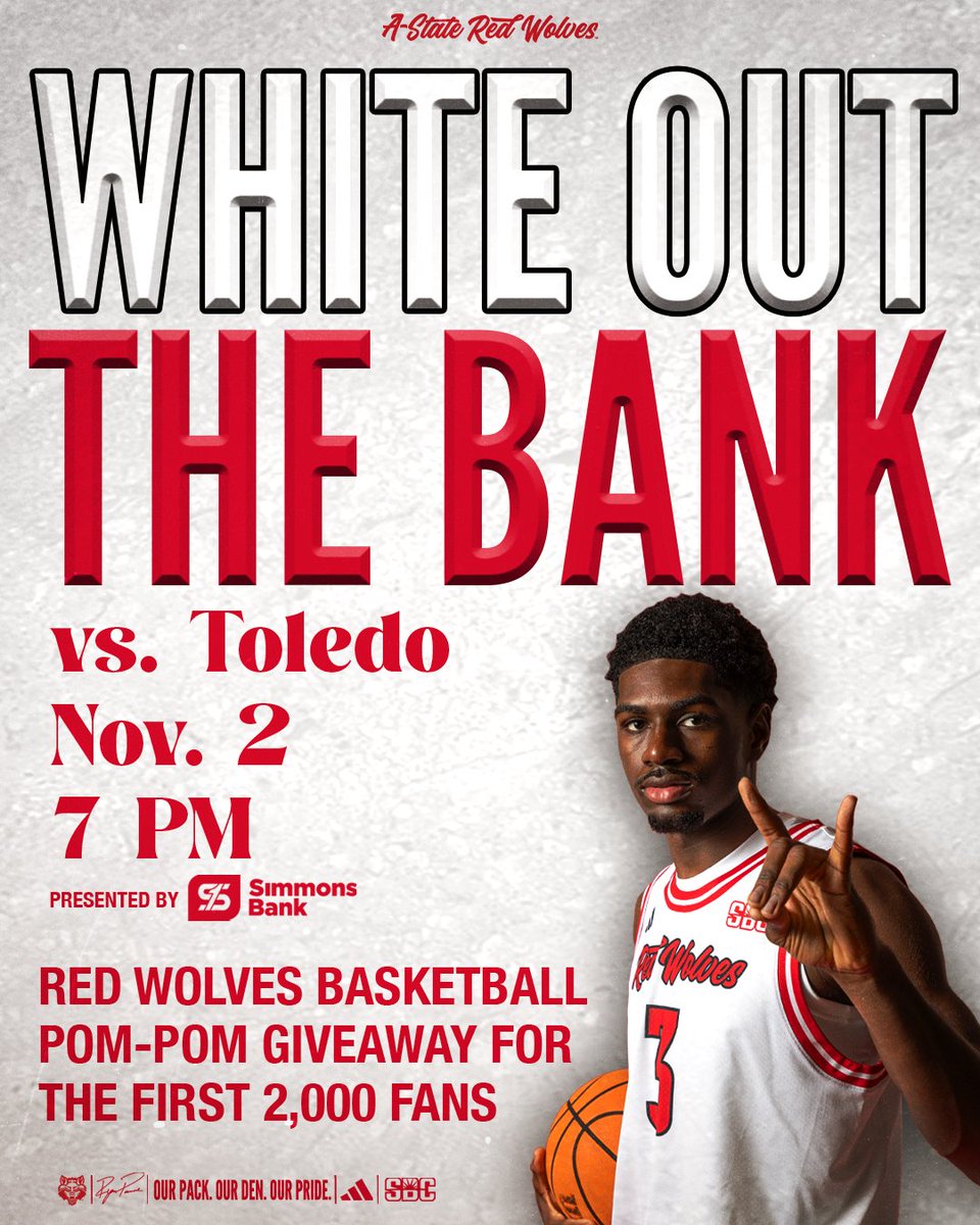AStateRedWolves's tweet photo. ONE WEEK TIL A WHITE OUT!

The basketball regular season starts at HOME on Monday, Nov. 2, with the A-State Men taking on Toledo in a huge non-conference clash. We want you to help us Break the Bank and take part in a WHITE OUT. We'll have Red Wolves Basketball pom poms for the first 2,000 fans through the gates.

You can purchase 2 upper-level tickets for $11 by going to https://t.co/A0U571rFAn and typing HOOPS to unlock the savings! #WovlesUp