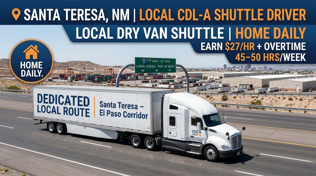 SKoloskov8223's tweet photo. π NOW HIRING: Local CDL-A Shuttle Driver in Santa Teresa, NM!
π° $27.00/hr + OT $40.50/hr
π‘ Home Daily (Santa Teresa β El Paso corridor)
β±οΈ 45β50 hours/week
π Req: Class A CDL + 6 mos exp
π Apply here: https://t.co/Gmk9UJjP8p
#CDLAJobs #Trucking #NowHiring https://t.co/RcHSqBtdOz
