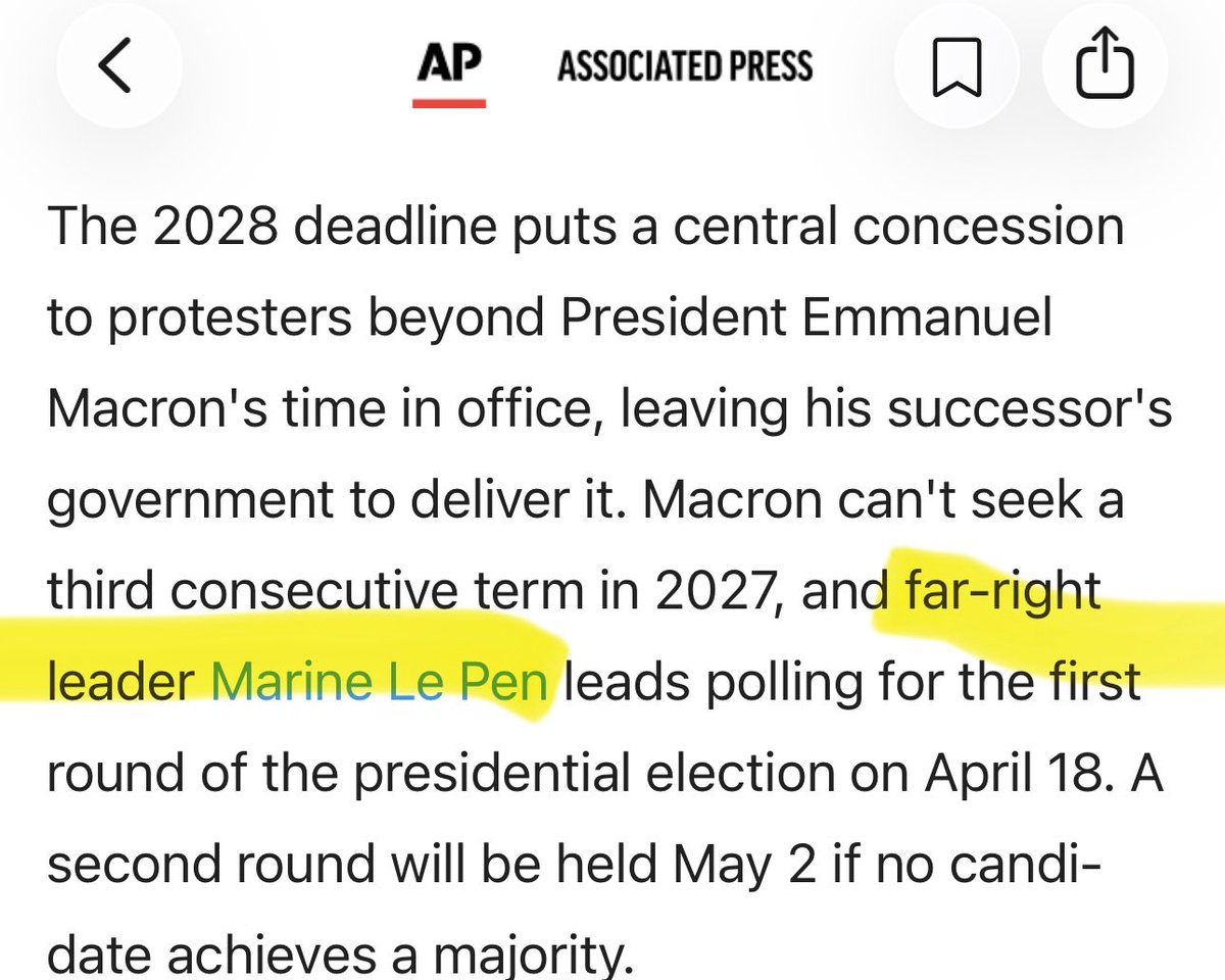 HistoryDean's tweet photo. AP never feels the need to tell the political leanings of a guy like Macron, but it might as well be someone like Le Pen’s first name. https://t.co/ytZzd7kjIk