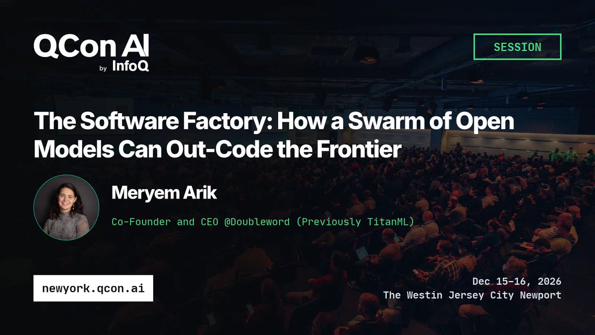 QCon's tweet photo. Coding tasks can run in parallel, with candidates checked against tests. 

Meryem Arik, Co-Founder &amp; CEO @Doubleword_ explores swarms of open models at QCon AI New York. 

Read the abstract: https://t.co/wO4WtTvRSQ https://t.co/zO0iqBmQ8Z