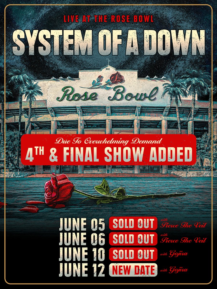 systemofadown's tweet photo. 4TH AND FINAL SHOW ADDED 🥀
JUNE 12, 2027 with special guests @GojiraMusic

Tickets on sale tomorrow at 12PM PT https://t.co/hN9cYxtbj0