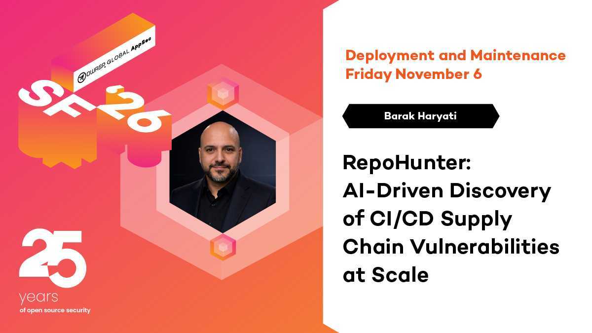 BarakHari's tweet photo. 🚀 Excited to speak at #OWASP Global AppSec USA 2026!

RepoHunter: AI-Driven Discovery of CI/CD Supply Chain Vulnerabilities at Scale

Real-world research, critical vulnerabilities, and AI-powered security discovery.

Proud to represent @jfrog !

San Francisco | Nov 6 https://t.co/ckLl6wMYUM
